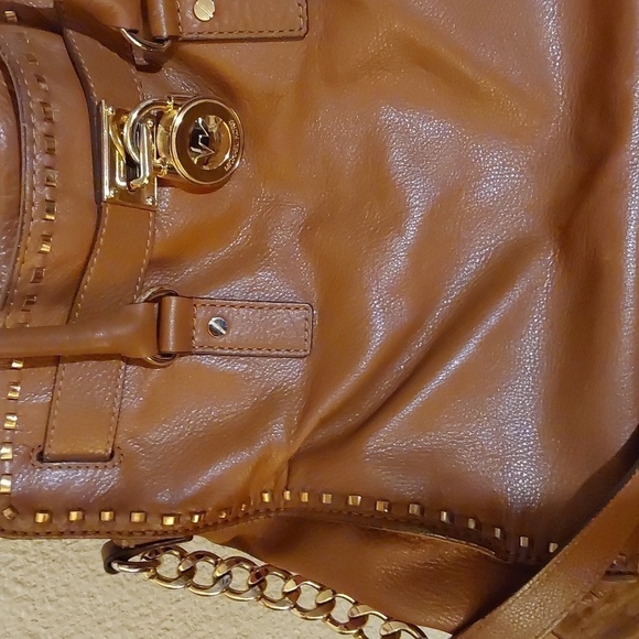 Michael Kors Hamilton SATCHEL PURSE Neutral Cognac Gorgeous Gold - Picture 3 of 10
